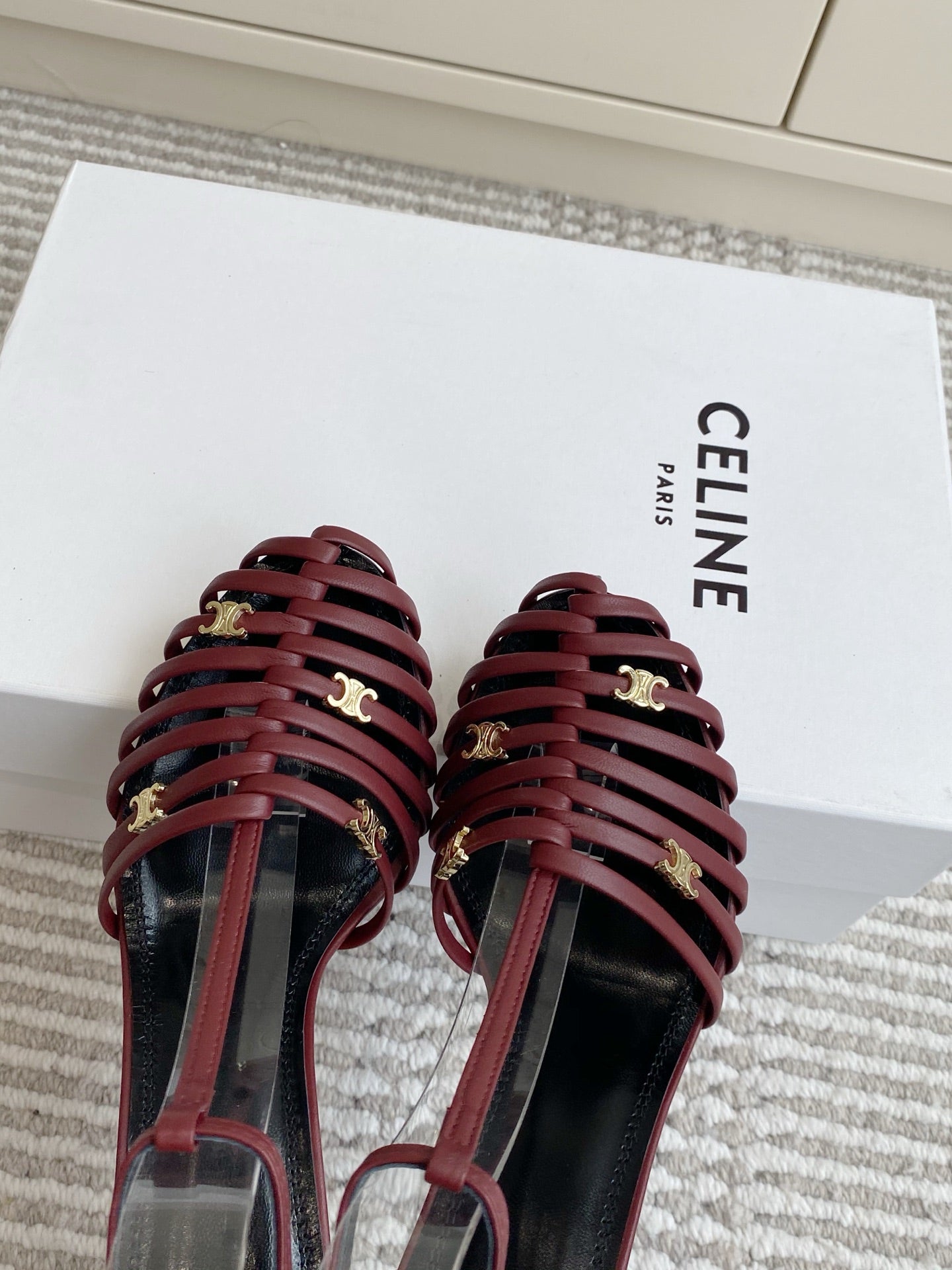 CELINE 26S CLEA TRIOMPHE GLADIATOR HEEL SANDALS 60 MM IN DARK RED LAMBSKIN