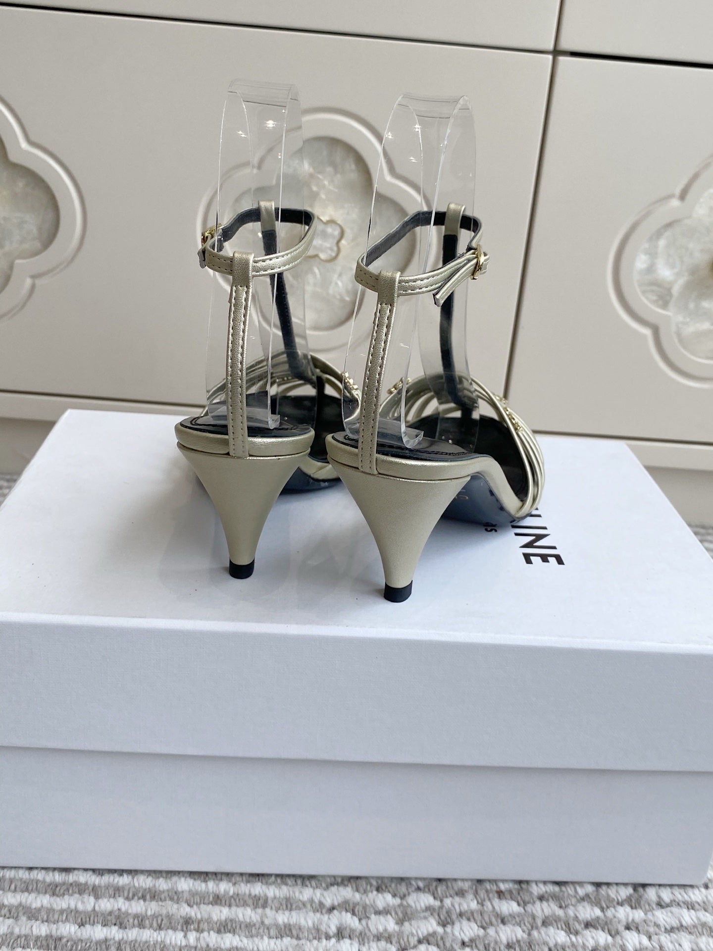 CELINE 26S CLEA TRIOMPHE GLADIATOR HEEL SANDALS 60 MM IN CHAMPAGNE GOLD LAMBSKIN