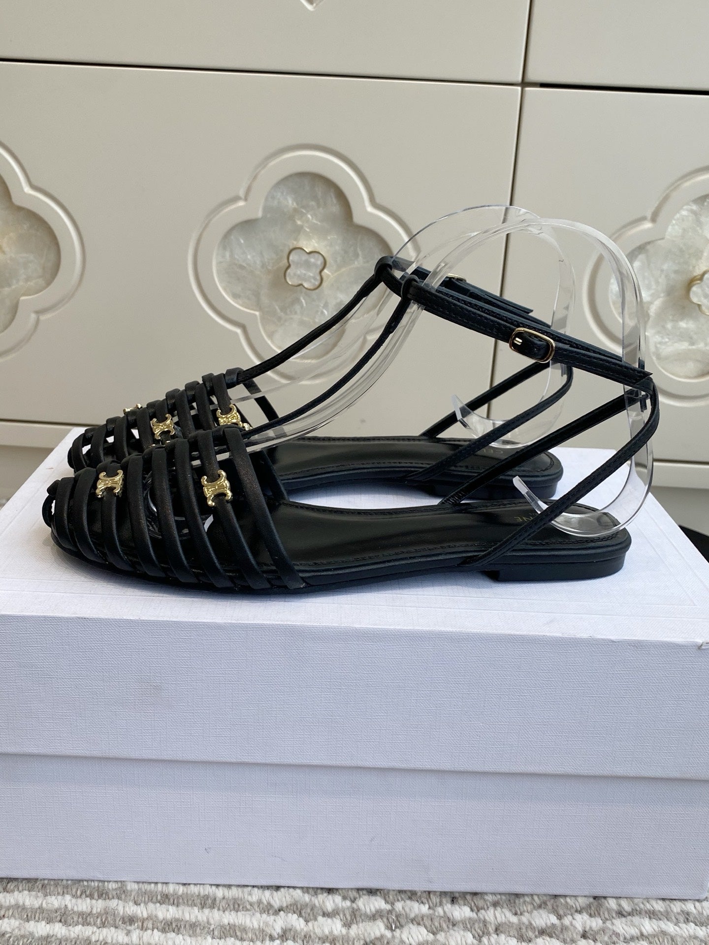 CELINE 26S CLEA TRIOMPHE GLADIATOR SANDALS IN BLACK LAMBSKIN