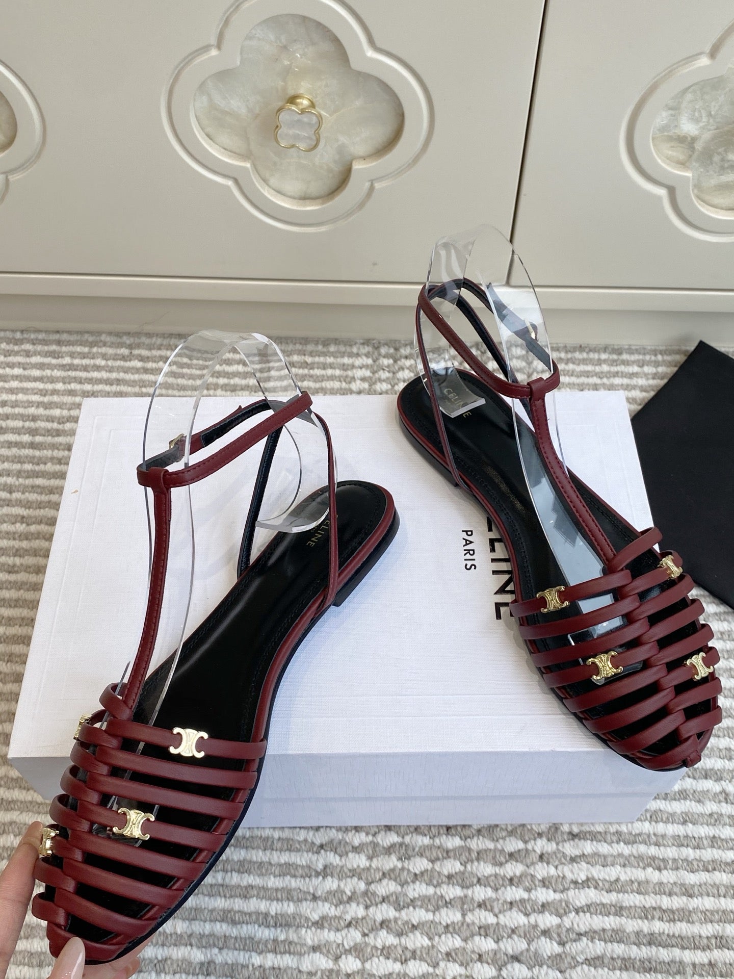 CELINE 26S CLEA TRIOMPHE GLADIATOR SANDALS IN DARK RED LAMBSKIN