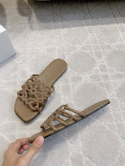 LOEWE 26S PETAL ANAGRAM SLIDE IN BROWN CALFSKIN