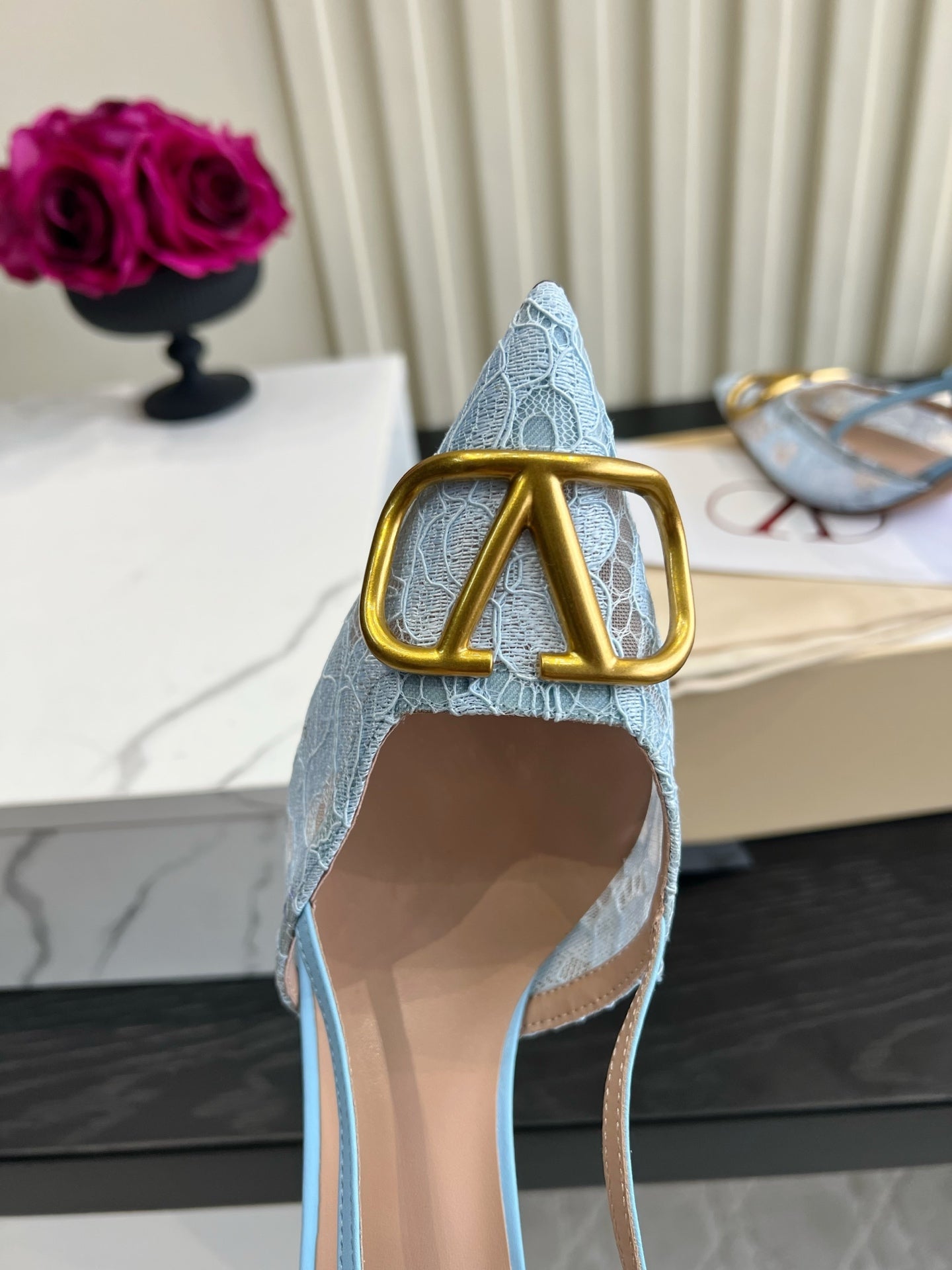VALENTINO 26S SLINGBACKS 75 MM IN SKY BLUE FABRIC LACE