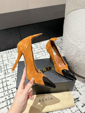 ALAIA HIGH PUMPS 10CM IN COPPER BROWN SUEDE MIX BLACK CALFSKIN