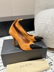 ALAIA HIGH PUMPS 10CM IN COPPER BROWN SUEDE MIX BLACK CALFSKIN