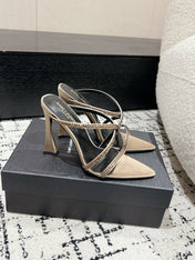 HIGH CRYSTAL STRAP SANDALS IN BOUTIQUE BEIGE SILK