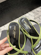 HIGH CRYSTAL STRAP SANDALS IN PEAR GREEN SILK