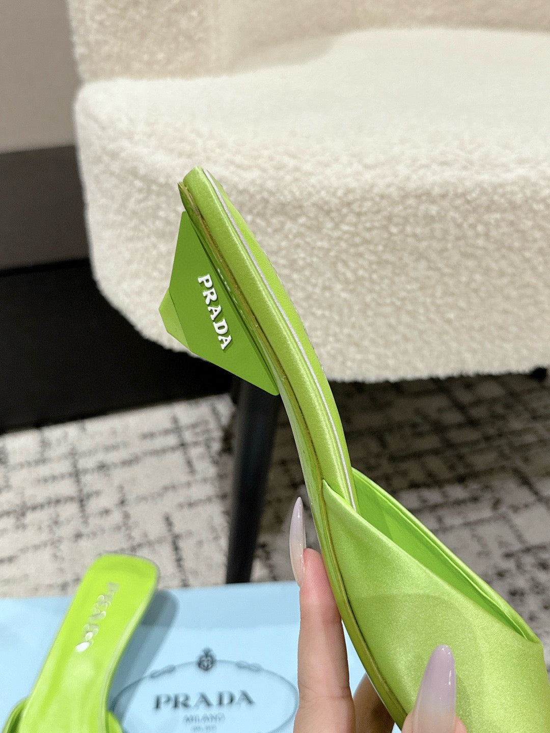 PRADA 25S POINTED-TOE MULES IN LIME GREEN SATIN