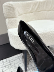 PRADA 25S SQUARE TOE HIGH HEELS IN BLACK PATENT CALFSKIN