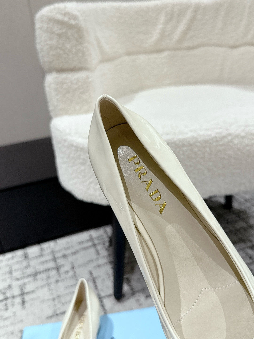 PRADA 25S SQUARE TOE HIGH HEELS IN IVORY GLOSSY CALFSKIN