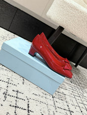 PRADA 25S SQUARE TOE HIGH HEELS IN DARK RED GLOSSY CALFSKIN