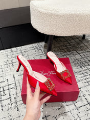 ROGER VIVIER 25S EFFLORESCENCE MULES 65MM IN BRIGHT RED SATIN EMBELLISHED CRYSTALS