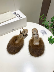 LOEWE 26S OPEN-BACK HIGH HEELS 60MM IN DARK BROWN CALFSKIN WITH FUR