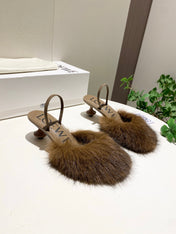 LOEWE 26S OPEN-BACK HIGH HEELS 60MM IN DARK BROWN CALFSKIN WITH FUR