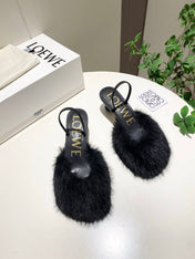 LOEWE 26S OPEN-BACK HIGH HEELS 60MM IN BLACK CALFSKIN WITH FUR
