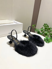 LOEWE 26S OPEN-BACK HIGH HEELS 60MM IN BLACK CALFSKIN WITH FUR