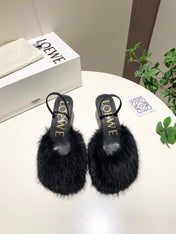 LOEWE 26S OPEN-BACK HIGH HEELS 60MM IN BLACK CALFSKIN WITH FUR