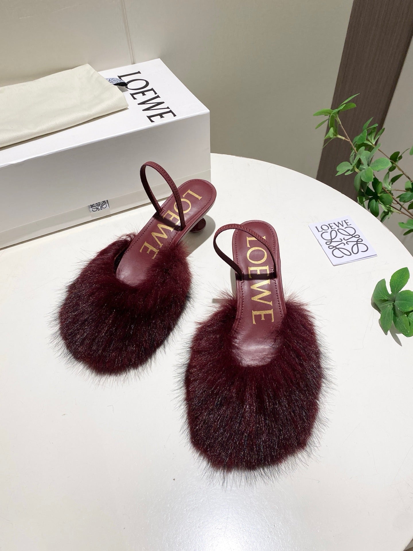 LOEWE 26S OPEN-BACK HIGH HEELS 60MM IN WINE RED CALFSKIN WITH FUR