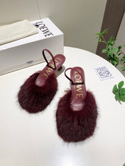LOEWE 26S OPEN-BACK HIGH HEELS 60MM IN WINE RED CALFSKIN WITH FUR