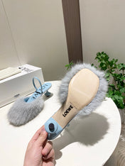 LOEWE 26S OPEN-BACK HIGH HEELS 60MM IN LIGHT BLUE CALFSKIN WITH FUR