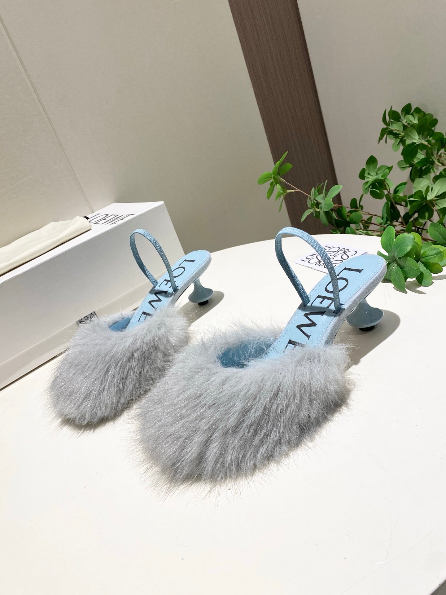 LOEWE 26S OPEN-BACK HIGH HEELS 60MM IN LIGHT BLUE CALFSKIN WITH FUR