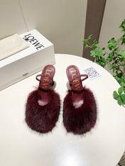 LOEWE 26S OPEN-BACK HIGH HEELS 100MM IN WINE RED CALFSKIN WITH FUR