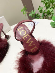 LOEWE 26S OPEN-BACK HIGH HEELS 100MM IN WINE RED CALFSKIN WITH FUR
