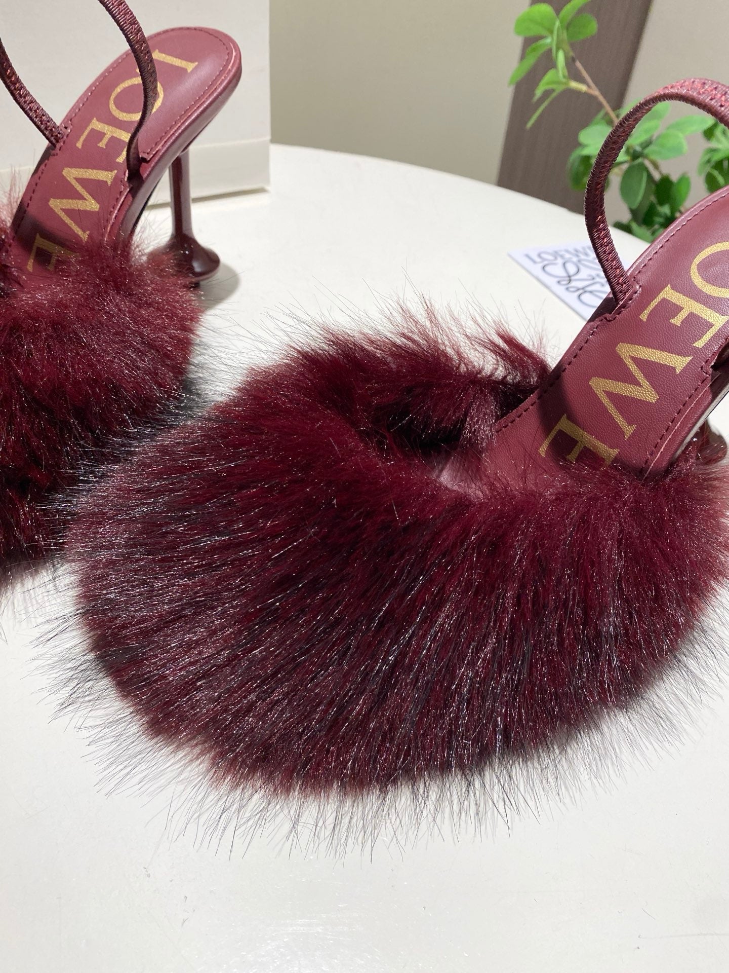 LOEWE 26S OPEN-BACK HIGH HEELS 100MM IN WINE RED CALFSKIN WITH FUR