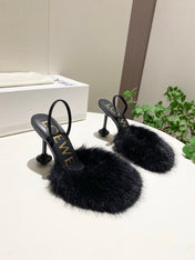 LOEWE 26S OPEN-BACK HIGH HEELS 100MM IN BLACK CALFSKIN WITH FUR
