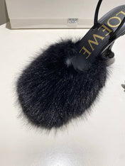 LOEWE 26S OPEN-BACK HIGH HEELS 100MM IN BLACK CALFSKIN WITH FUR