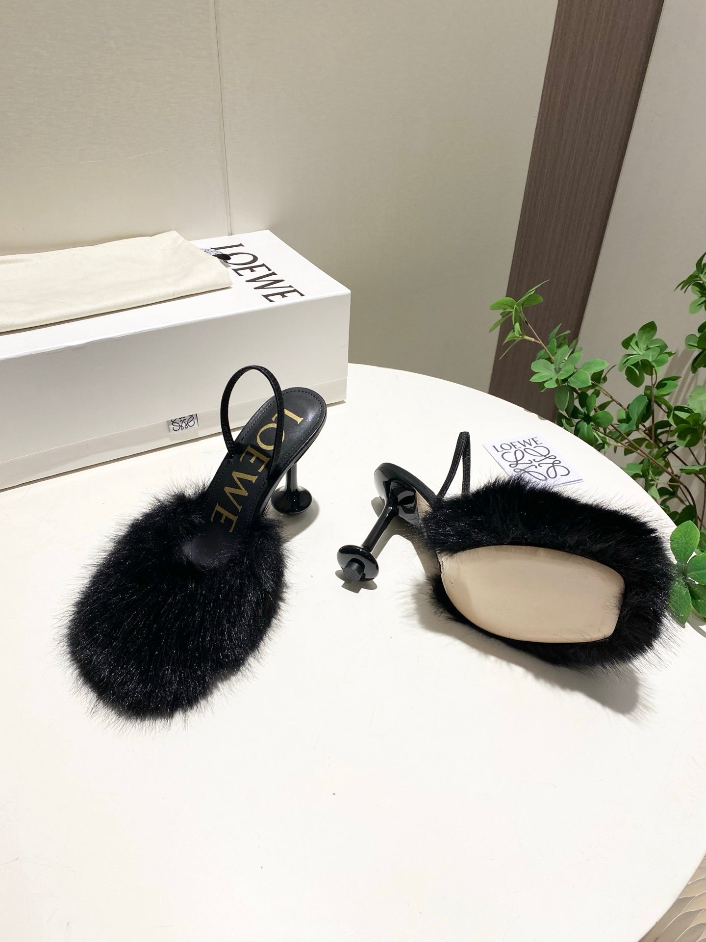 LOEWE 26S OPEN-BACK HIGH HEELS 100MM IN BLACK CALFSKIN WITH FUR