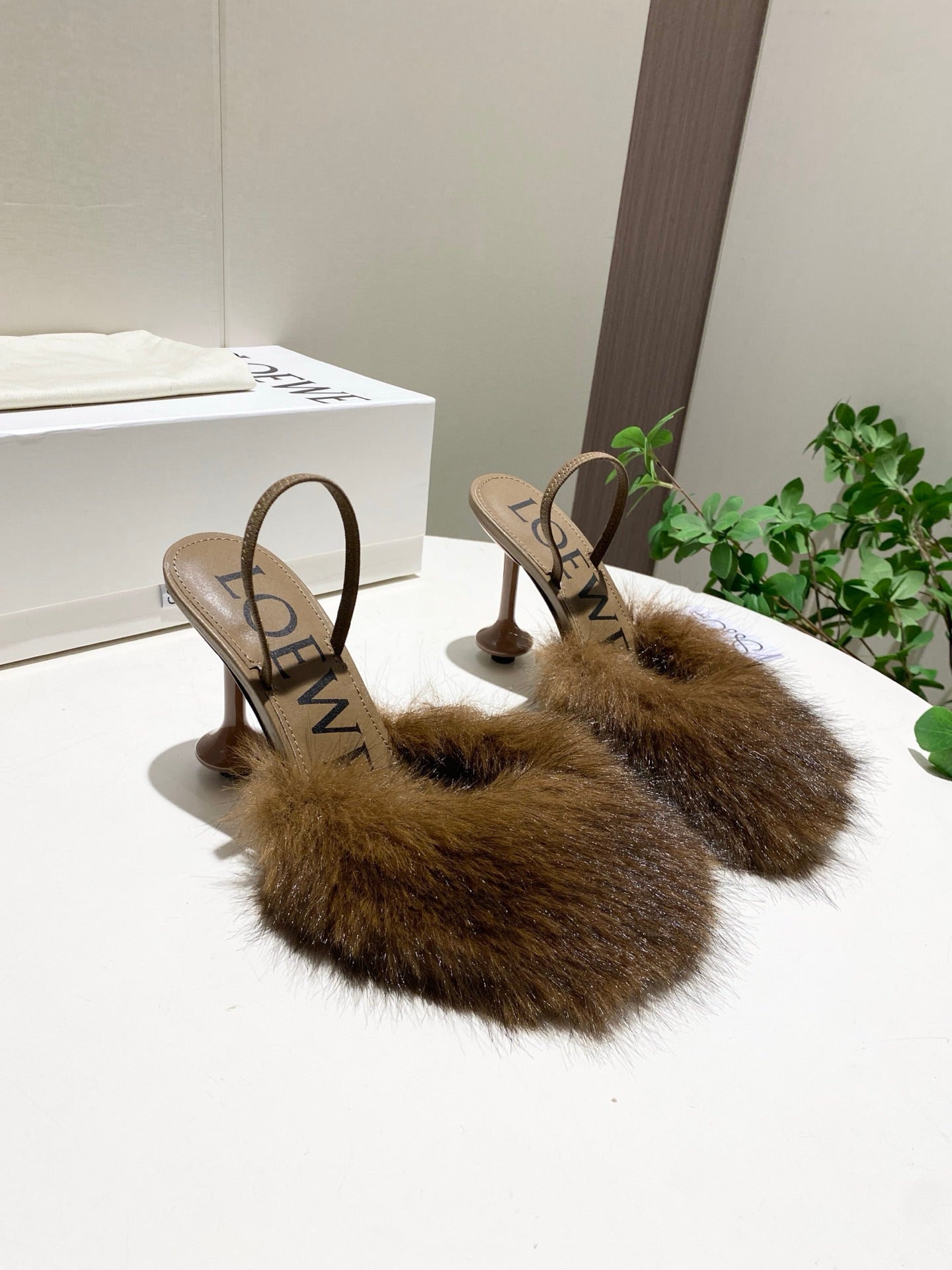 LOEWE 26S OPEN-BACK HIGH HEELS 100MM IN DARK BROWN CALFSKIN WITH FUR