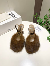 LOEWE 26S OPEN-BACK HIGH HEELS 100MM IN DARK BROWN CALFSKIN WITH FUR
