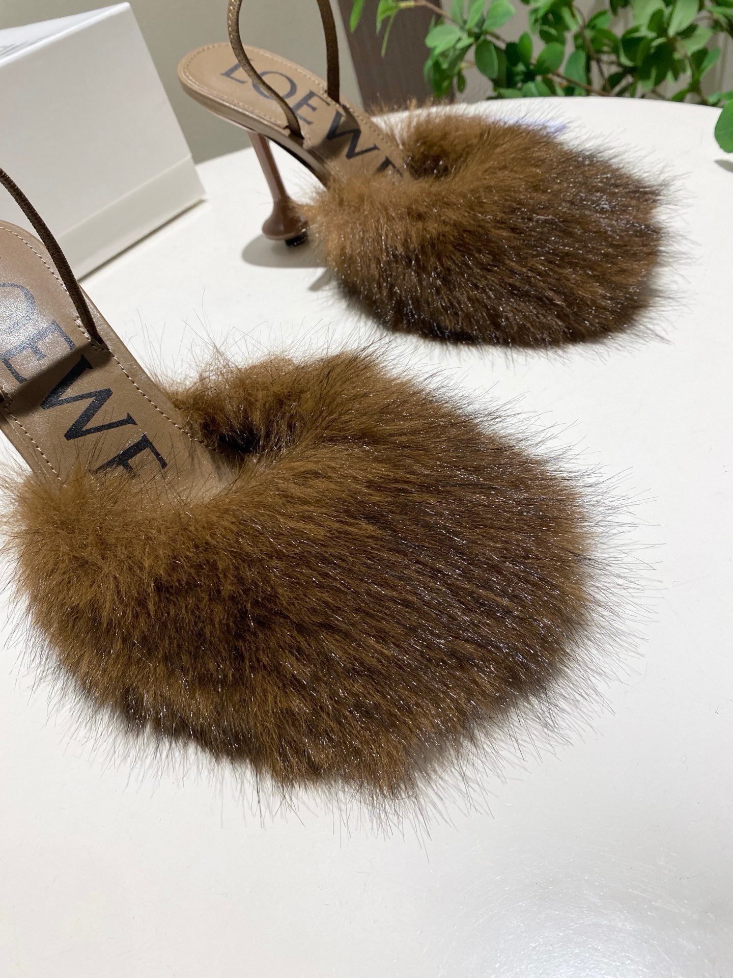 LOEWE 26S OPEN-BACK HIGH HEELS 100MM IN DARK BROWN CALFSKIN WITH FUR