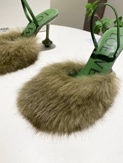 LOEWE 26S OPEN-BACK HIGH HEELS 100MM IN GREEN CALFSKIN WITH FUR