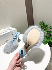 LOEWE 26S OPEN-BACK HIGH HEELS 100MM IN LIGHT BLUE CALFSKIN WITH FUR