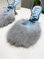 LOEWE 26S OPEN-BACK HIGH HEELS 100MM IN LIGHT BLUE CALFSKIN WITH FUR