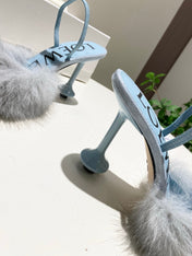 LOEWE 26S OPEN-BACK HIGH HEELS 100MM IN LIGHT BLUE CALFSKIN WITH FUR