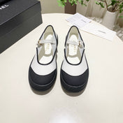 CHANEL 26S MARY JANE FLAT IN BLACK MIX WHITE FABRIC AND LAMBSKIN