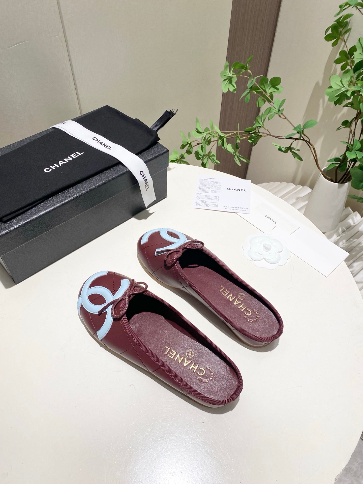CHANEL 26S FLAT MULES IN DARK RED LAMBSKIN
