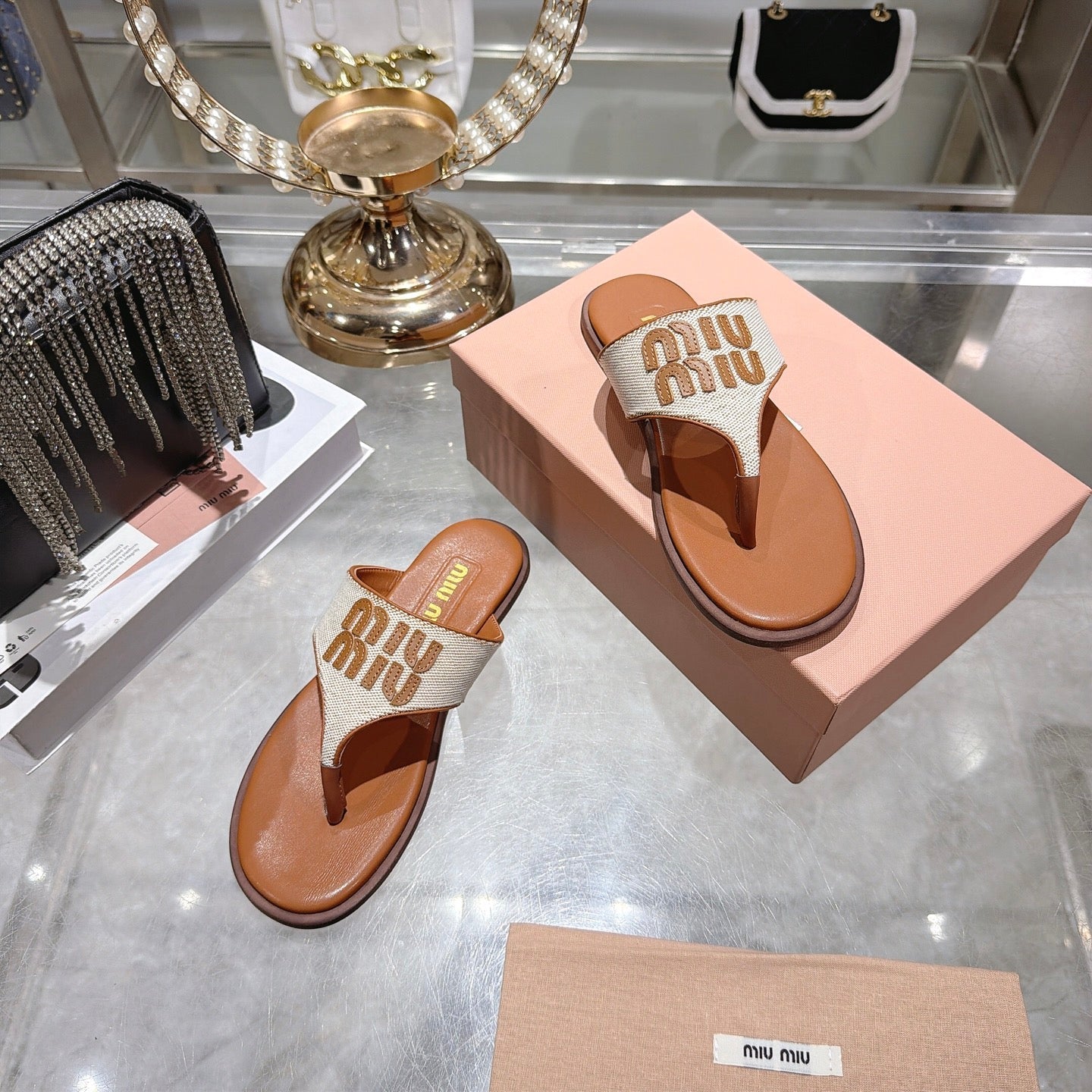 MIUMIU 26S THONG SANDALS IN BEIGE CANVAS AND COGNAC BROWN CALFSKIN LOGO