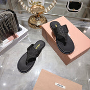 MIUMIU 26S THONG SANDALS IN BLACK RAFFIA CALFSKIN EMBOSSED LOGO