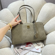 CHANEL 26S TOP HANDLE BAG MEDIUM 35 IN LIGHT OLIVE GREEN QUILTED SUEDE AND CALFSKIN GOLD HARDWARE