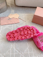 RABBIT FUR SLIPPERS MAGENTA PINK WITH EMBROIDED LOGO