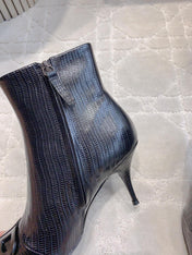POINTED-TOE HIGH HEEL BOOTS IN BLACK LIZARD EMBOSSED CALFSKIN