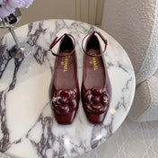 CHANEL 25S CAMELLIA SQUARE TOE FLATS IN ROSSO ANCORA CALFSKIN GOLD HARDWARE