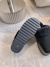 CELINE 25S DANA WEDGE MULE 70MM IN BLACK SUEDE CALFSKIN AND SHEARLING