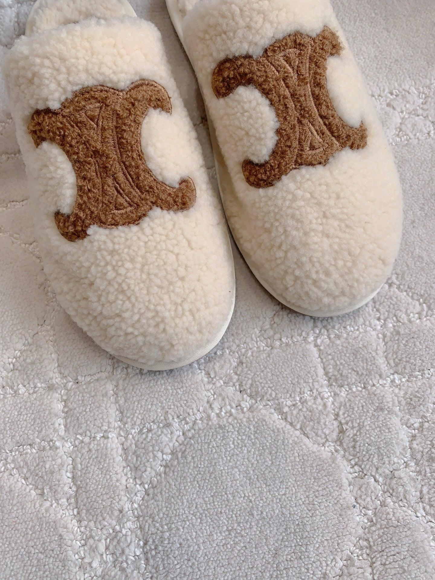 CELINE 26S MULES WITH LOGO IN LIGHT BEIGE AND BROWN WOOL