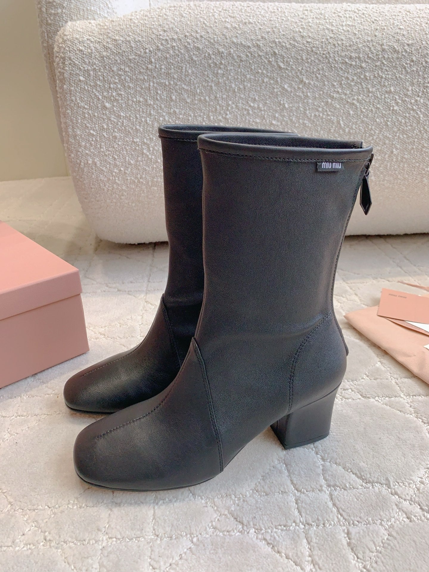 MIUMIU 26S HIGH-HEELED ANKLE BOOTS 70MM IN BLACK CALFSKIN