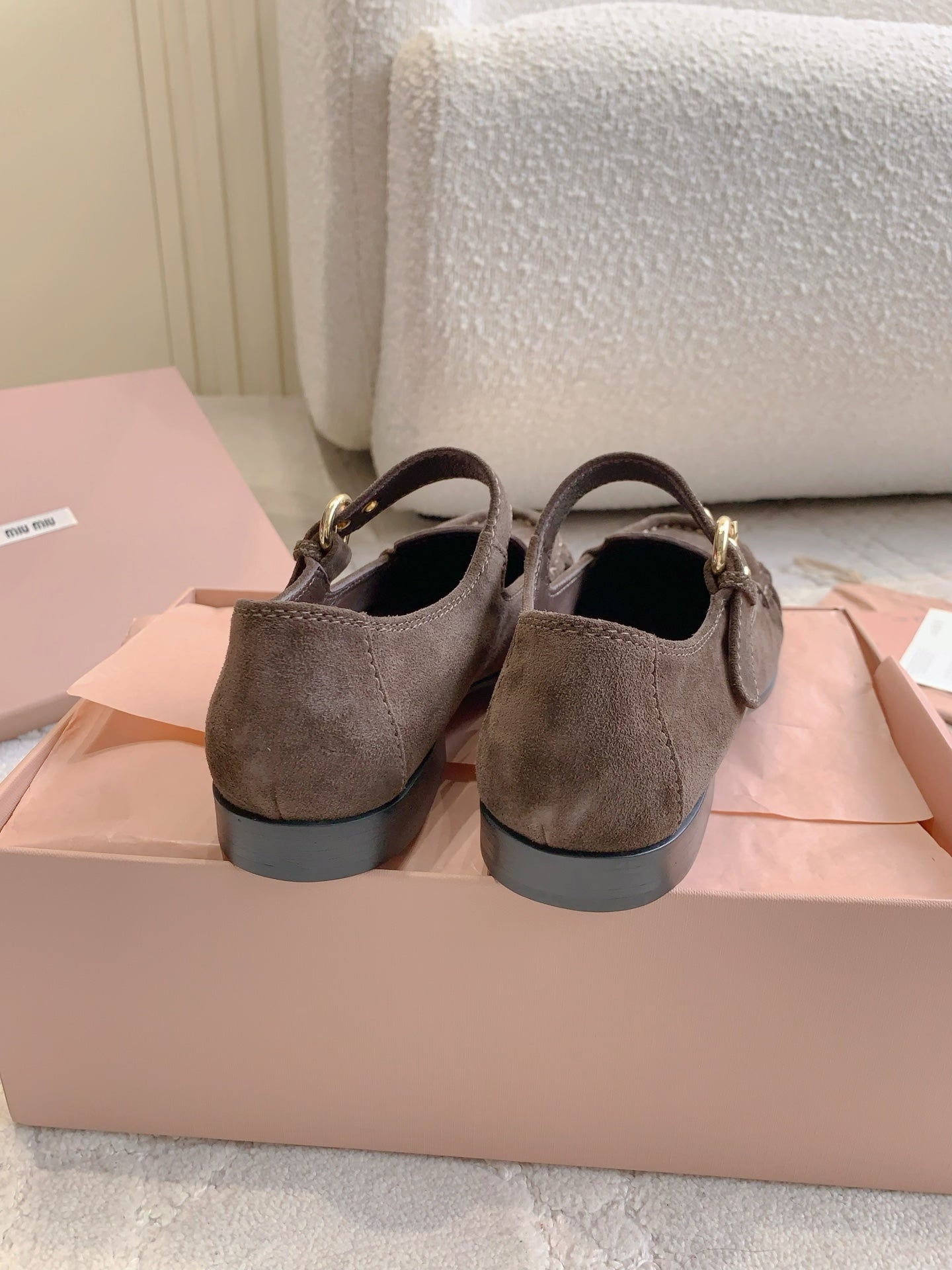 MIUMIU 26S LOAFERS IN BROWN SUEDE WITH STRAP