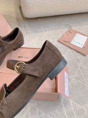 MIUMIU 26S LOAFERS IN BROWN SUEDE WITH STRAP